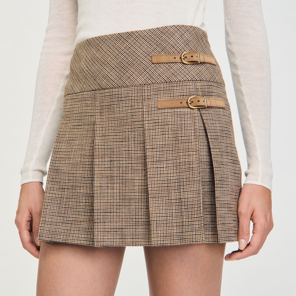 Sandro Pleated Mini Skirt – Camel Houndstooth – Size 6 – Rare Discontinued Style